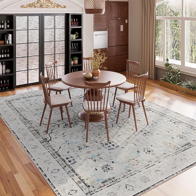 AMTOVO 8x10 Area Rugs for Living Room, Large Non-Slip Washable Rug, Boho Vintage Retro Medallion Print Pattern Carpet for Bedroom Dining Room Home Office Nursery Dorm Farmhouse, Light Grey