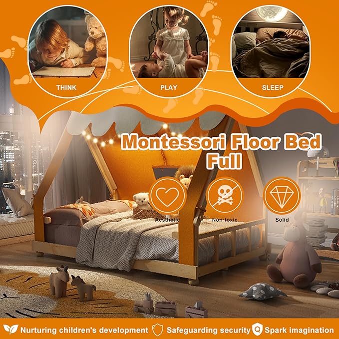Full Size House Bed for Kids with Light and Tent, Montessori Floor Bed Full for Kids Girls Boys Teens Bedroom, Brown