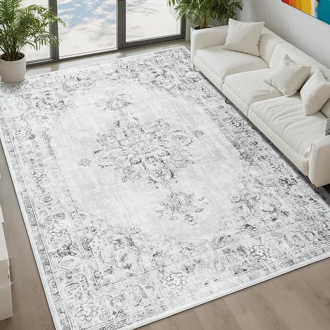 Area Rug 6x9, Washable Rug for Living Room, Large Area Rugs for Bedroom, Vintage Rug 6x9 for Dining Room, Non Slip Soft Low Pile Indoor Carpet for Kitchen, Nursery, Office, Farmhouse, Light Grey
