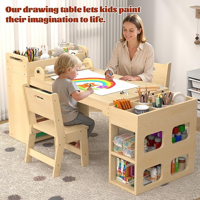 50"x22" Kids Art Table and Chair Set, Kids Craft Table with Paper Roll and 2 Chairs,Kid Activity Desk with Storage and Portable Supply Organizer for Writing, Drawing, Learning and Reading