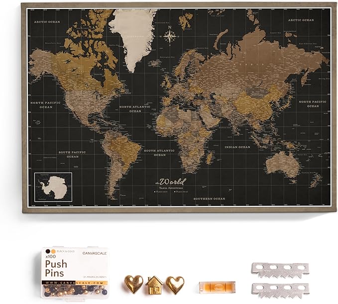 Canvas World Map with Cork Pin Board - English Lettering - Decorative Wall Decoration for All Rooms - Canvas Pictures with World Map Motif (70x50 cm, Pattern 5)