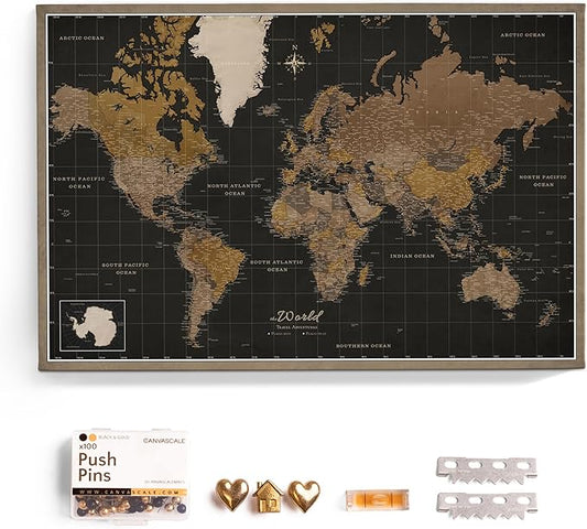 Canvas World Map with Cork Pin Board - English Lettering - Decorative Wall Decoration for All Rooms - Canvas Pictures with World Map Motif (70x50 cm, Pattern 5)