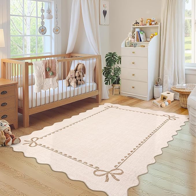 GarveeHome Scalloped Bow Rug for Living Room, Solid Beige Rug for Dorm, Washable Rugs 8x10 Soft Low Pile Non Slip Scalloped Rugs for Nursery College Bedroom Decor Kids Room Playroom