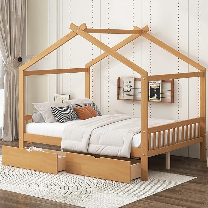 Harper & Bright Designs Full Size House Bed Frame for Kids, Wood Playhouse Platform Bed Frame with Two Drawers and Fence, Roof Design, Natural