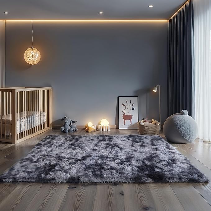 5x8 Dark Grey Fluffy Shag Rug for Bedroom, Ultra Soft Plush Fuzzy Washable Non Slip Floor Carpet for Living Room, Modern Comfy Shaggy Large Area Rug for Kids Baby Nursery Dorm, Tie-Dye Gray