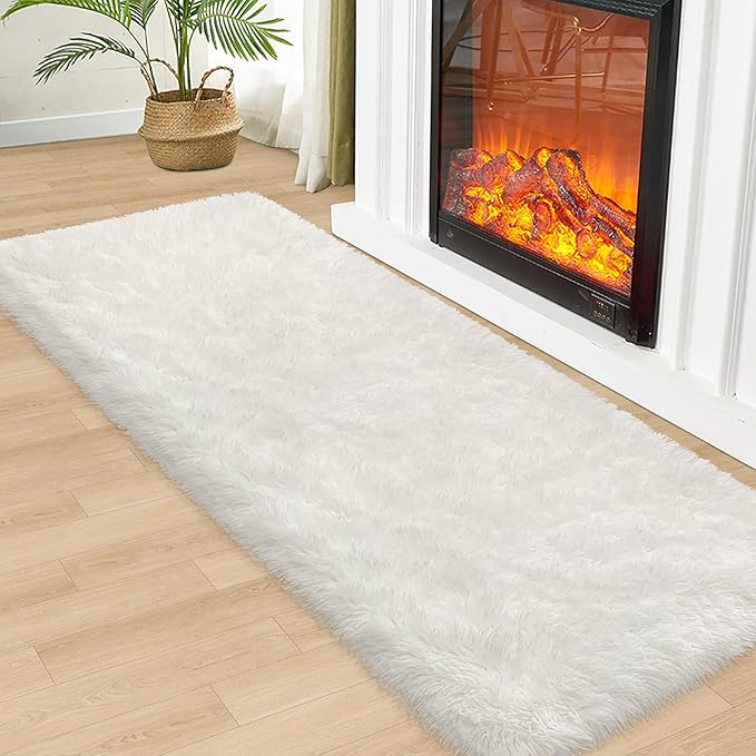 2x6 Ft Shag White Runner Rug for Bedroom Fuzzy Soft Fluffy Carpet Non-Slip Bottom for Hallway Bedside Living Room Dorm, Furry Area Rug for Nursery Playroom Indoor Home Decor