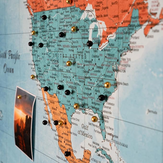 Canvas World Map with Cork Pin Board - English Lettering - Decorative Wall Decoration for All Rooms - Canvas Pictures with World Map Motif (150x100 cm, Pattern 21)