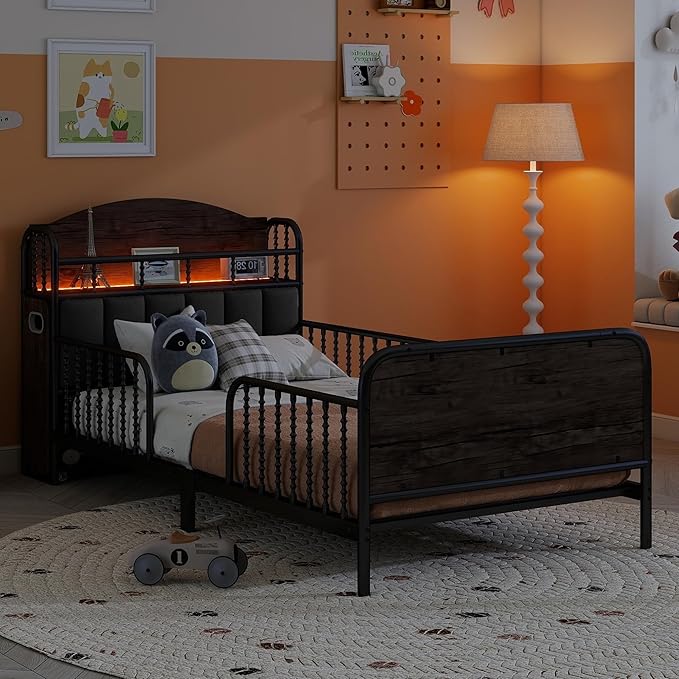 Ball & Cast Twin Size Toddler Bed W/LED Light,Metal Bed W/Storage Headboard & 2 3-Tiers Storage Shelves,Platform Bed Frame W/Safety Guardrails & Low Profile Design,for Boys Girls,Black