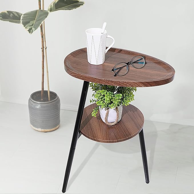 Side Table Small End Table, Oval Round Wood Sofa Table, 2 Tier Accent Table Nightstand Bedside Table with Metal Frame for Living Room, Bedroom, Small Spaces (Rustic Brown)