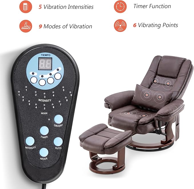 MCombo Swivel Recliner with Ottoman Chair, TV Chair Sets with Vibration Massage, for Small Space Living Room Bedroom 9096 9099 (Faux Leather, Dark Brown)