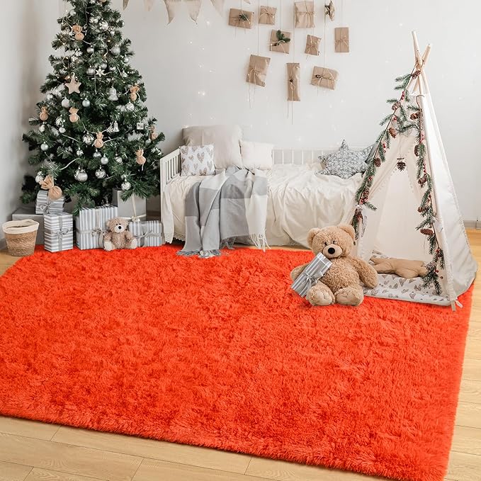 Merelax Soft Modern Indoor Shaggy Area Rug for Bedroom Livingroom Dorm Kids Room Home Decorative, Non-Slip Plush Fluffy Furry Fur Rugs Comfy Nursery Accent Floor Carpet 3x5 Feet, Orange Red