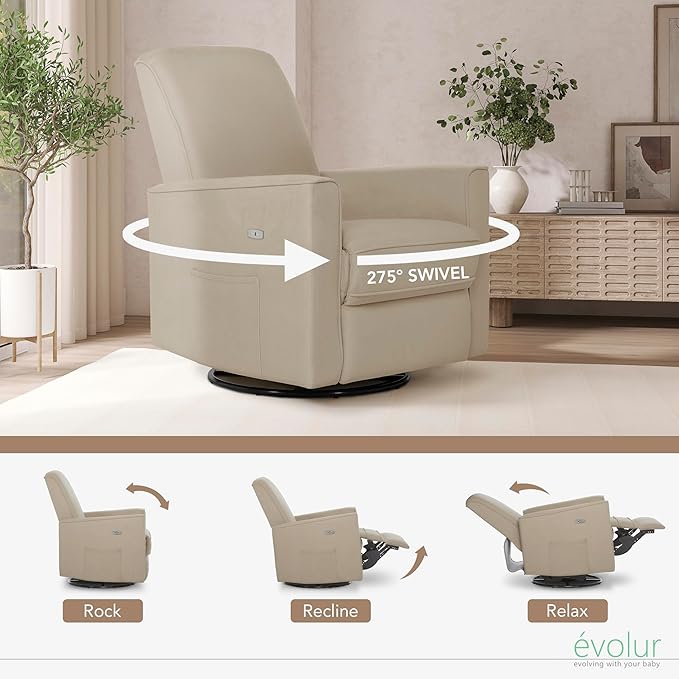 Evolur Harlow Upholstered Power Glider Recliner with USB Charging – Rocking & 360° Swivel with Smooth Glide – Greenguard Gold & FSC Certified – Modern Nursery and Living Room Chair in Fawn