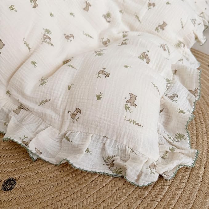 AOJIM Kids Crib Muslin Duvet Cover with Grey Rabbit, 1pc Cotton Baby Toddler Bedding 2-Layer Gauze Comforter Cover 59X79'', Ruffled Design Soft Duvet Protector for Girls Boys, No Quilt or Pillowcases