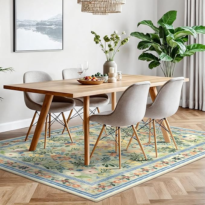 Area Rugs for Living Room 5x7, Washable Boho Green Thin Floral Living Room Rug Non-Slip, Vintage Bedroom Indoor Carpet for Dining Room Kitchen Office Playroom, Green/Multi