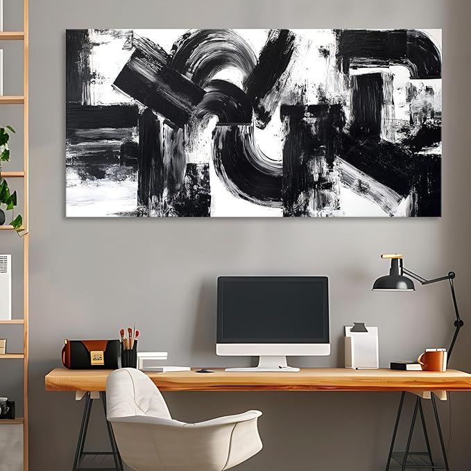 Black White Abstract Wall Art for Living Room, Modern Brushstroke Canvas Painting Artwork for Walls, Minimalist Black Geometric Curves & Blocks Pictures for Bedroom, Kitchen, Office Wall Decor 23"x46"