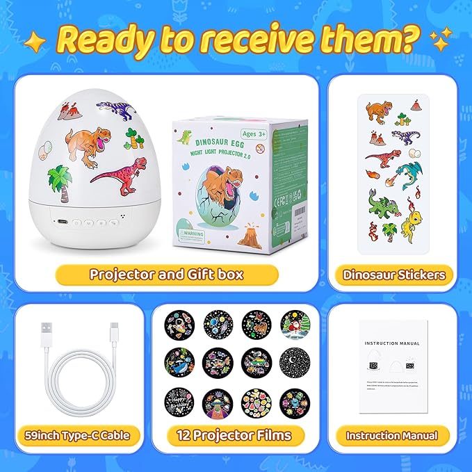 Dinosaur Toys for Kids 3-5 | 12HD Films+15 Sleeping Sounds+7 Colors+360°Rotating | Dinosaurs Primal Hatch Dinosaur Egg Boy Toys for Boys Star Projector Kids Toys Sound Machine Egg Light for Nursery