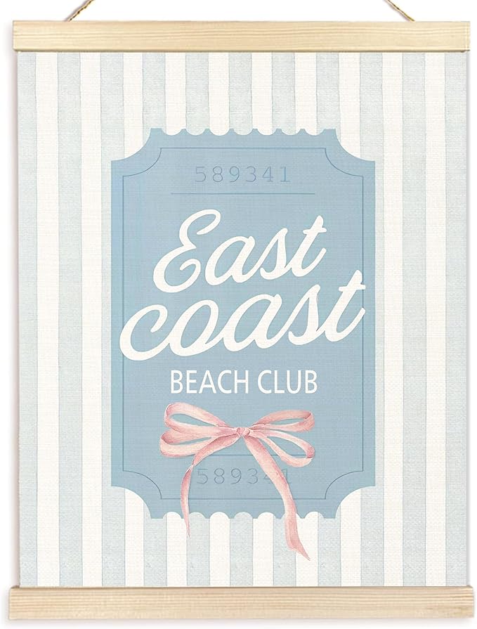 BESERH Blue Coastal Wall Art Posters, Beach Wall Decor, Beachy Coastal Room Decor, Coquette Preppy Bow Blue Striped East Coast Beach Club Aesthetic Canvas Prints Artwork Framed, 12x16 Inch