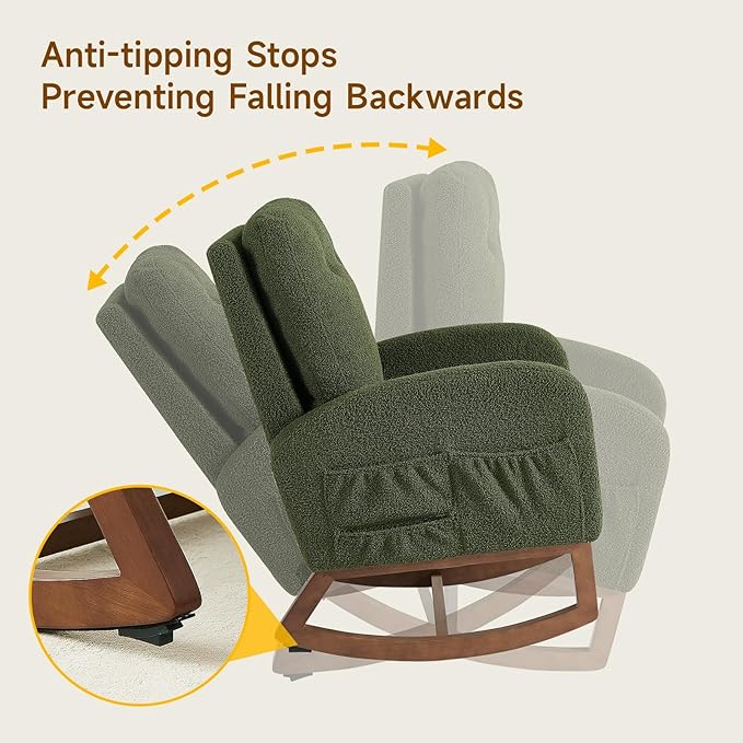ONBRILL Rocking Chair Nursery, Rocking Chairs with Solid Wood Legs, Teddy Fabric, Glider Chair with Upholstered High Backrest, Nursery Chair for Living Room, Baby Room, Bedroom (Green)