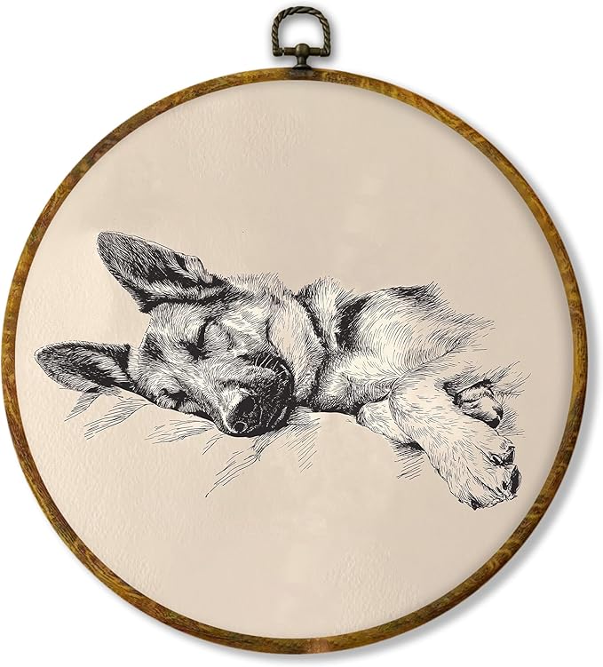 Hiuwevt Vintage German Shepherd Sleeping Round Wall Art Decor, German Shepherd Gifts Framed Canvas Prints, Neutral Retro Dog Round Wall Hanging Decor for Bedroom Living Room Decorations, 10x10 Inches