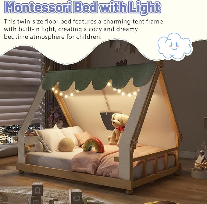 Full Size Floor Bed with Tent and Light, Wooden Montessori Bed Frame with Roof Design, Low Profile Beds for Kids, Boys and Girls, White