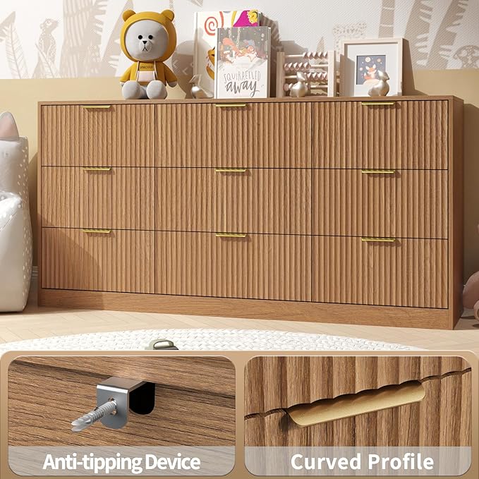 Fluted Dresser for Bedroom with 9 Drawer, 63” Wide Wooden Dresser Mid Century Chest of Drawers with Handle, Dressers TV Stand Storage Organizer for Bedroom, Living Room, Natural Wood