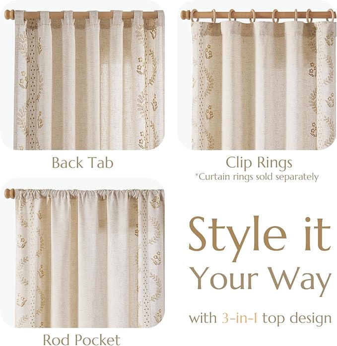 jinchan Belrose Linen Curtains for Bedroom Floral Curtains 72 Inch Length Linen Blend Beige Embroidered Drapes Farmhouse Flower Patterned Drapes for Living Room Window Treatments Set 2 Panels