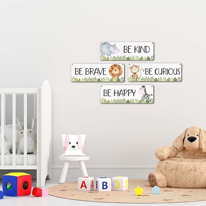 Woodland Nursery Decor, Safari Jungle Animals Boysroom Wall Sign Art, Motivational Bedroom Decorations for Kids Boys, 4 Pieces Wood Sign, 3.9x11.8 In-A05