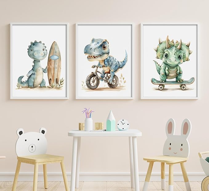 Funny Dinosaur Nursery Canvas Wall Art Surfing Skateboard Riding Dinosaur Painting Picture Wall Decor Sport Nursery dinosaur Print Artwork Poster Print Artwork for Boys Room Girls Room Home Decoration