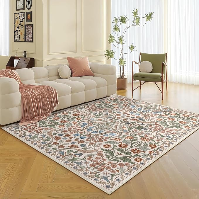 5x7 Washable Area Rug for Living Room, Floral Non-Slip Non-Shedding & Easy Care, Soft Low Pile Forest Boho Indoor Floor Carpet for Living Room, Bedroom, Farmhouse, Dining Room, Kids Playroom, Beige