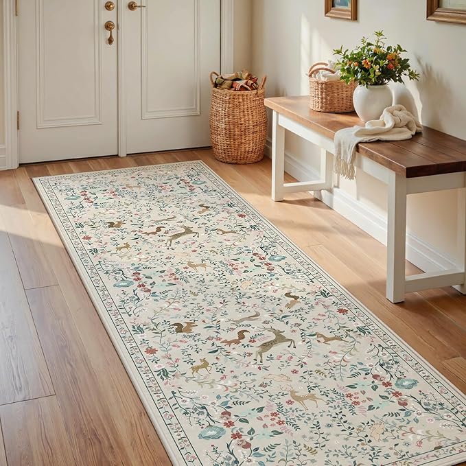 Runner Rug Washable Runners Kitchen Rugs Non Slip Animal Floral Carpet Low Pile for Indoor Hallways Entryway Living Room Bedroom Laundry Soft Mat 2'6''x8' Beige
