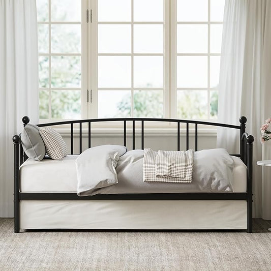 GarveeHome Twin Daybed, Sturdy Metal Day Bed with Steel Slat Support, Arched Headboard Sofa Bed for Living Room, Bedroom and Guest Room, Black