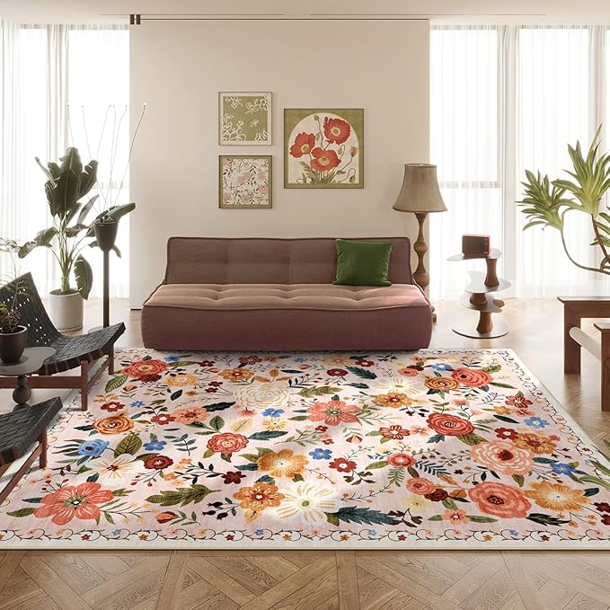8x10 Washable Area Rug for Living Room, Floral Non-Slip Non-Shedding & Easy Care, Large Soft Low Pile Indoor Floor Carpet for Living Room, Bedroom, Farmhouse, Dining Room, Kids Playroom, Beige