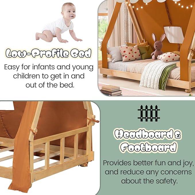 Montessori Floor Bed Twin with Tent & Light, Wood Twin House Beds for Kids, DIY Playhouse, Low-Profile Teepee Bed, Playful Indoor Adventure & Sleep for Girls Boys,Natural+Brown