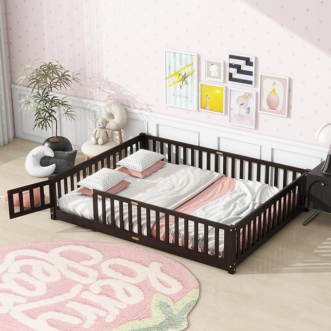 Queen Size Floor Bed for Kids, Wood Montessori Floor Beds with Fence Railings, Door & Slats Support, Queen Playhouse Bed Frame for Boys Girls, No Box Spring Needed, Espresso