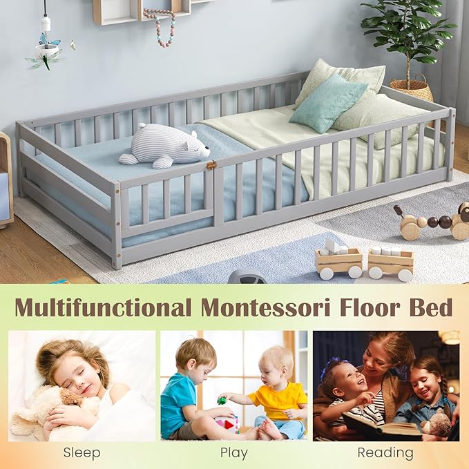 Giantex Twin Floor Bed with Door & Fence, Kids Wood Montessori Beds with Safety Guardrails, Floor Bed Frame for Kids, Boys, Girls, No Box Spring Needed, Floor Bed Twin (Grey)