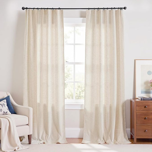 jinchan Beige Linen Blend Curtains 108 Inches Extra Long 2 Panels for Bedroom Living Room, Light Filtering 60 Inches Wide Natural Farmhouse Drapes with Rod Pocket Back Tab (60W x 108L, Ecru)