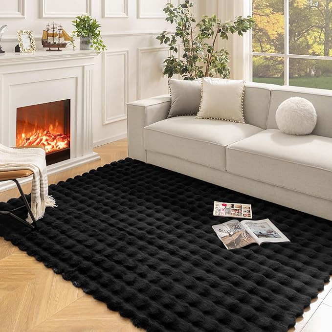 Ashler Faux Rabbit Fur Rug, Black 5x7 FT Fluffy Soft Area Rug, Rectangle Fuzzy Carpet for Living Room, Bedroom, Machine Washable Shaggy Nursery Rug - 3D Bubble Rug