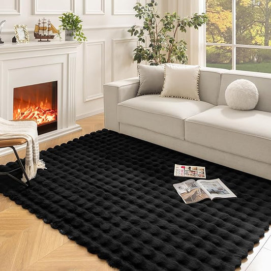 Ashler Faux Rabbit Fur Rug, Black 5x7 FT Fluffy Soft Area Rug, Rectangle Fuzzy Carpet for Living Room, Bedroom, Machine Washable Shaggy Nursery Rug - 3D Bubble Rug
