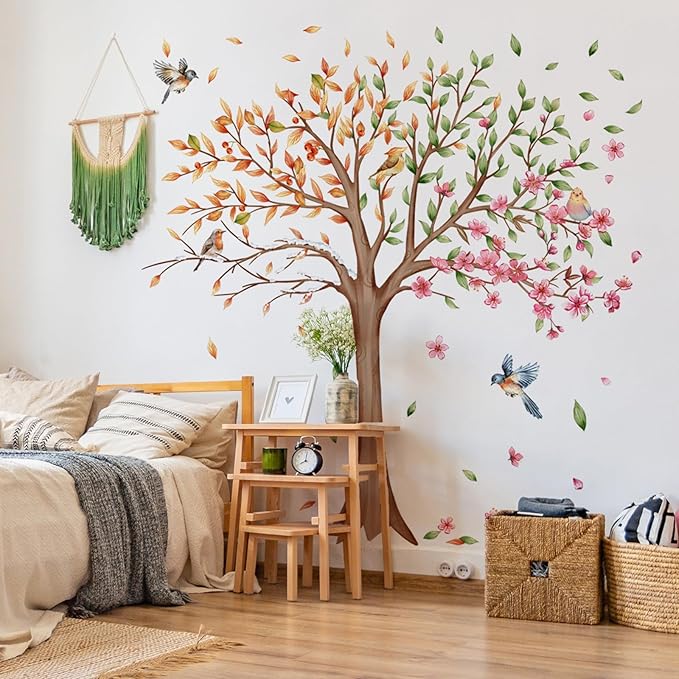 Large Colorful Tree Wall Stickers Pink Green Yellow Tree Wall Decals for Living Room TV Kids Bedroom Nursery Wall Decor