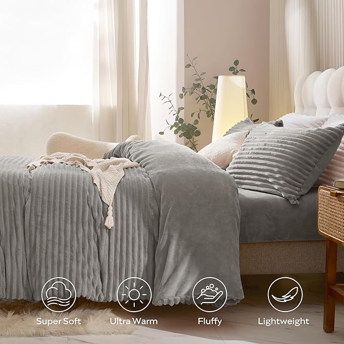 JELLYMONI Plush Duvet Cover Set - Queen Size Light Gray Striped Fluffy Comforter Cover 3pcs Bedding Set Luxury Ultra Soft Faux Fur Duvet Cover with Zipper and 2 Pillowcases (NO Comforter)