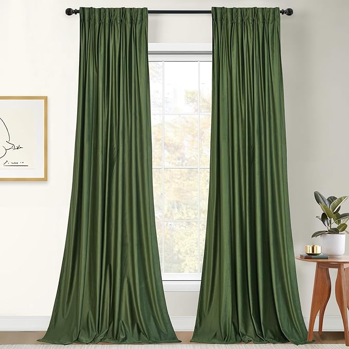 StangH Luxury Pinch Pleated Velvet Curtains 96 inches Long, Moss Green Decorative Room Darkening Window Drapes Vertical Temperature Balance Solid Backdrops for Theater, W42 x L96, 2 Panels