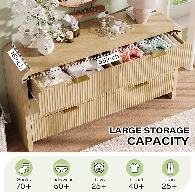 Angel Sar 55" Modern Fluted 6 Drawer Dresser for Bedroom, Wooden Bedroom Dresser with Arched Tabletop, Wave Pattern Design & Gold Handles, Closet Chest of Drawers for Clothes Storage, Natural Wood