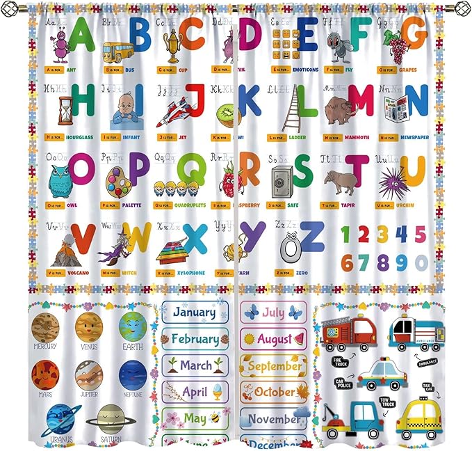 Alphabet Curtain for Kids Room ABC Letter Educational Learning Animal Number Printed Rod Pocket Blackout Window Drapes for Bedroom Playroom Classroom 84" W X 84" L