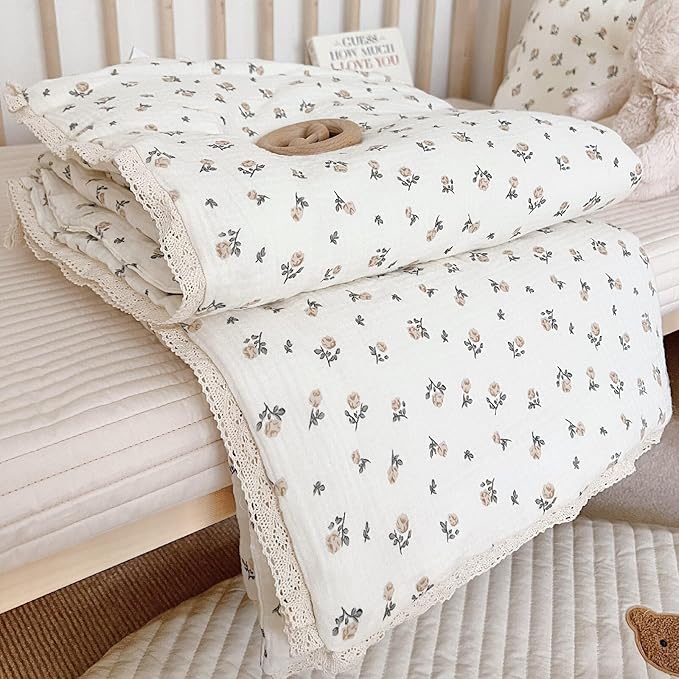 BuLuTu Muslin Cotton Kids Bed Blankets Rose Floral Pattern, 60x78 Inches, Lightweight Children Comforter Toddler Girls Quilts for Twin Bed, Soft Breathable, Machine Washable