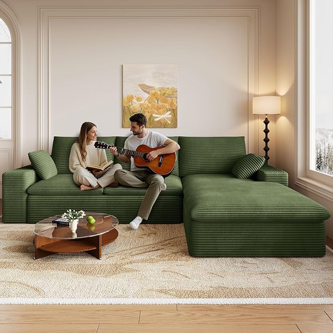 Cloud Sectional Couch,107 Inch Modular Sectional Sofa with Deep Seat, Modern Corduroy Boneless Couches with L-Shape Chaise for Living Room Bedroom, No Assembly Required (Green, Right Facing Chaise)