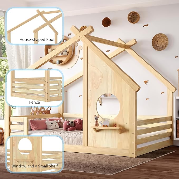 Polibi Full Size Floor Bed with House-Shaped Roof,Window and a Small Shelf, Solid Wood Low Profile Floor Bed for Kids, No Box Spring, Natural