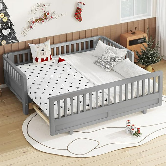 KEIKI Solid Wood Expandable Twin Size Floor Bed for Kids with Guardrails, Can Be Converted into a Double Twin Bed Platform, Montessori Low Profile Bedframe Daybed for Girls Boys, No Box Spring Needed