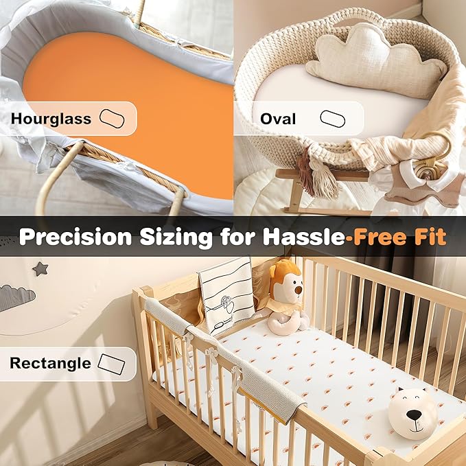 3-Pack Cotton Muslin Bassinet Sheets - Fitted Elastic Mattress Cover for Baby Boys & Girls, Breathable Bedside Bassinet Sheets Neutral Colors (Fits Oval & Rectangle Shape) (Orange)