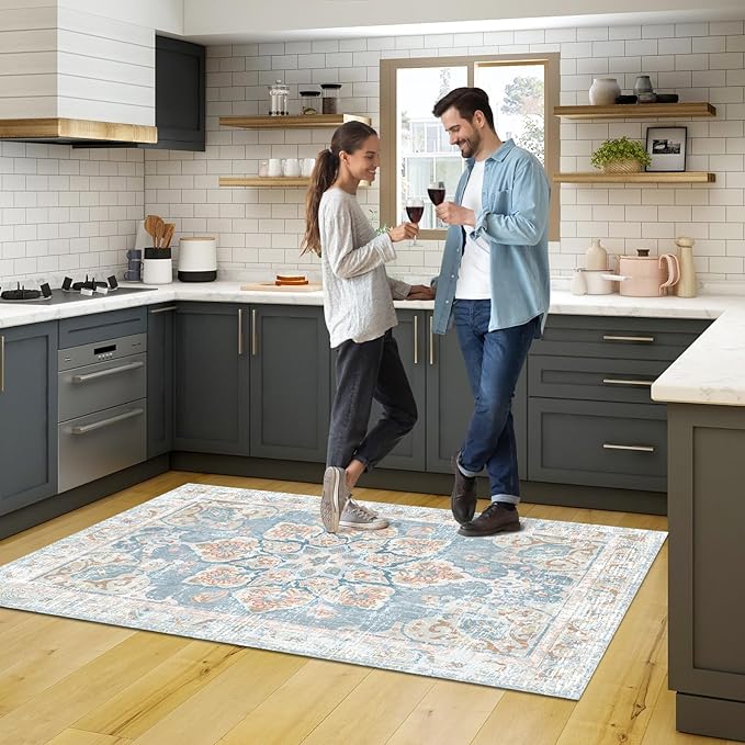 Vhong Washable Area Rugs Boho Vintage Neutral Modern Pale Blue 3x5 Non Slip Small Carpet for Living Room Dining Room Bedroom Farmhouse