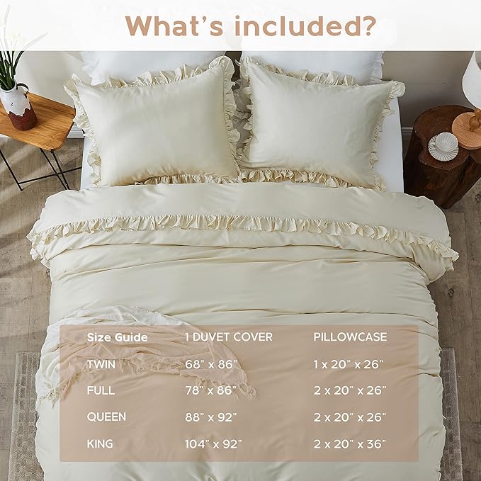 Simple&Opulence Kids 100% Organic Cotton King Duvet Cover Ruffle 3Pcs(1 Comforter Cover 2 Pillowcases) Cute Lace Vintage Boho Shabby Chic Farmhouse Bedding Set Teen Girls(Beige, King)